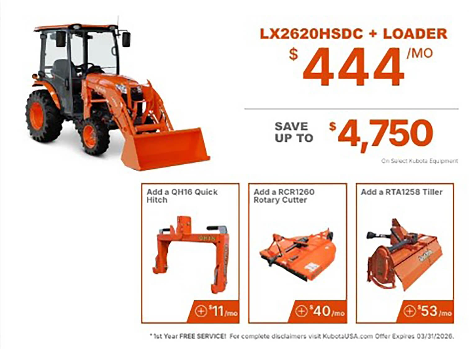 LX2620HSDC Kubota Tractor Package